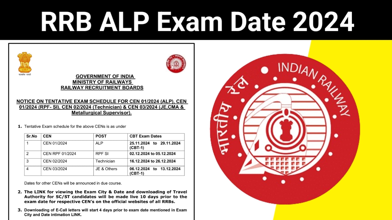 RRB ALP Exam Date 2024 Out, Check CBT 1 Exam and Admit Card Date for ALP & Technician